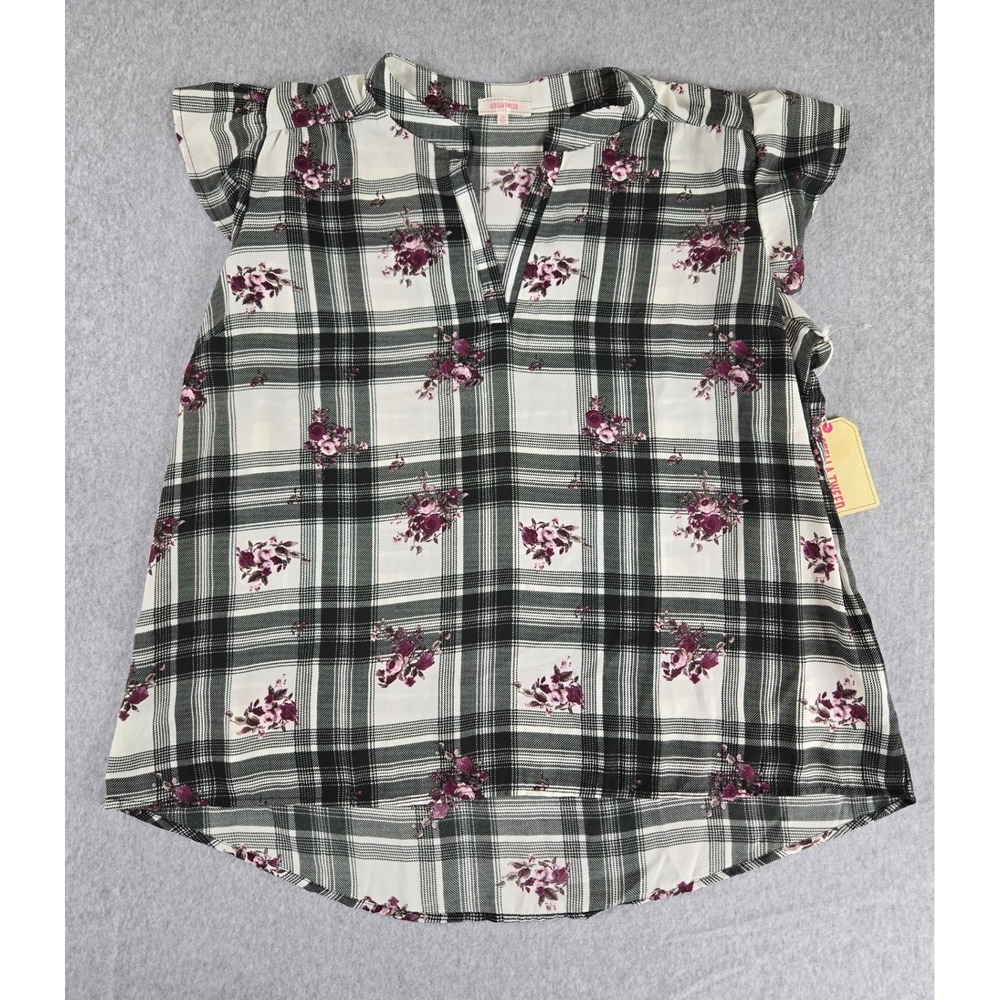 Stella Tweed Womens 3X Plaid Floral Ruffle Sleeve V-Neck Blouse Top Black New